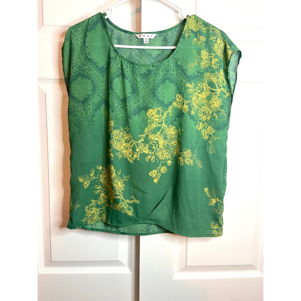 CAbi Blouse Emerald Green Yellow Floral Damask Baroque Scoop Neck